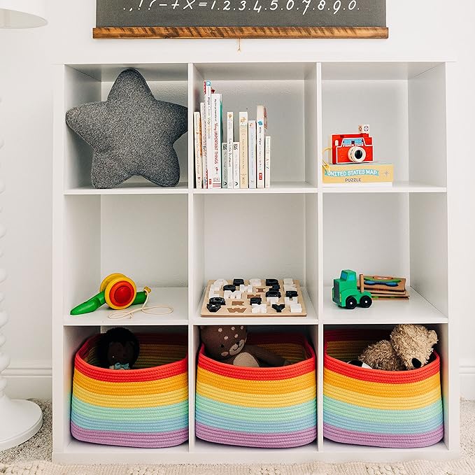 OrganiHaus Rainbow Baskets for Shelves, Set of 3, 15x9x10 | Colorful, handwoven cotton rope; a toy bin for playroom, classroom, or girls' room decor; great for nursery too
