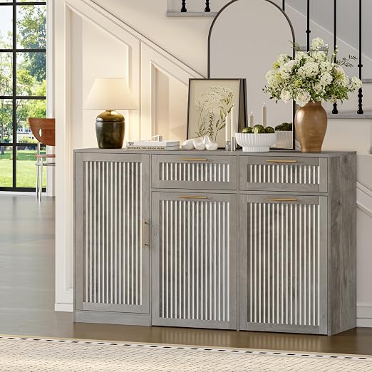 Double 13 Gallon Pull Out Trash Can Cabinet with Storage Cabinet,Wood Grey | Pet Proof Hidden Garbage Can Cabinet,3-Tier Shelves,Fluted Design,Extra Drawer Space,Kitchen & Dining Room Organization