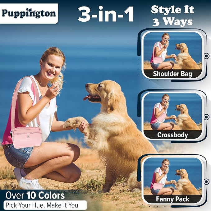Puppington 3-in-1 Crossbody Dog Treat Pouch for Pet Training - Compostable Poop Bags, Built-In Poop Bag Dispenser, Slow-Feeding Travel Dog Bowl & Reflective Leash - Dog Walking Bag (Blush Pink)
