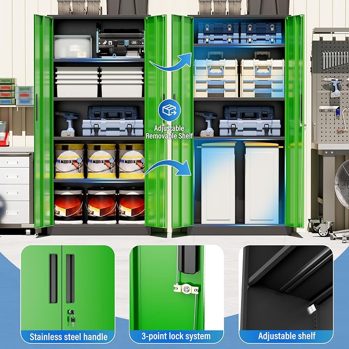 Greenvelly Metal Storage Cabinet with Doors and Shelves, 72" Inch Locking Metal Cabinet,Garage Storage Cabinet for Garage Office School Warehouse (Black Green)