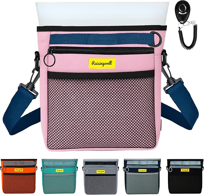 Raisingwell Dog Treat Pouch with Magnetic Closure 4-Cup Silicone Bag Fanny Pack Holder with Clicker 4 Ways to Wear Front Pocket Fits All Phones Ideal for Leash, Pet Walking and Training（Pink）