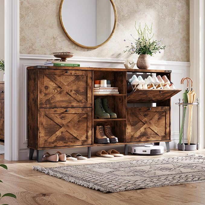LINSY 63" Farmhouse Shoe Storage Cabinet Brown | Tall Flip-Drawer Shoe Rack for Entryway, Adjustable Shelves for Boots, Heels & Sneakers Wood Finish with Sturdy Metal Legs