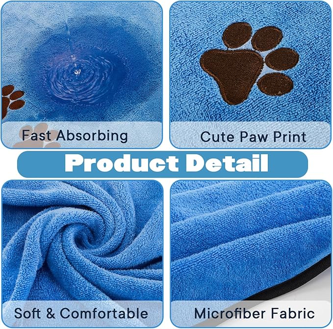Fasmov 4 Pack Microfiber Dog Towels, 40"x 20" Large Pet Bath Towel, Microfiber Absorbent Towel Pet Bathing Supplies Quick Drying Paw Towel for Large, Medium or Small Dogs Cats Shower (Grey, Blue)