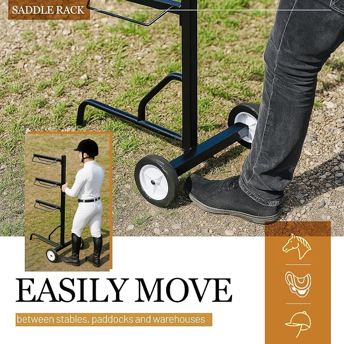 3 Tier Saddle Rack, Rolling Saddle Stand Cart with Wheel, | Heavy-Duty Rotatable Saddle Stand for English and Western Style Saddle Pad Rack, Portable Horse Tack Storage