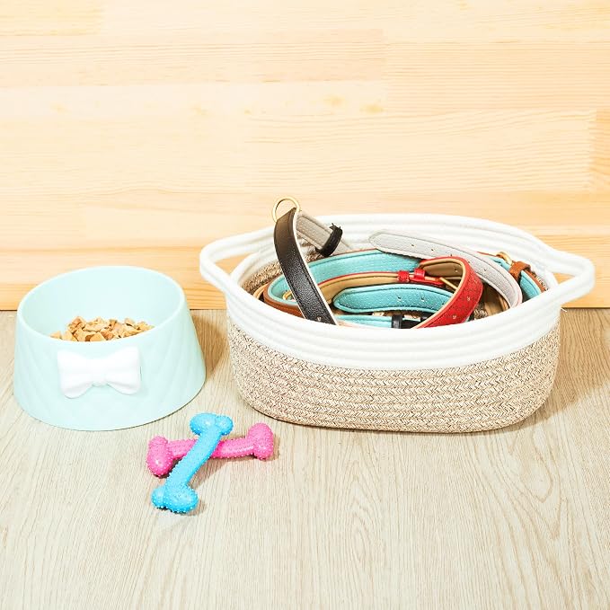5-Piece Small Decorative Woven Storage Baskets Set for Shelves, Bathroom, Pantry and Nightstand Organizer, Catch All Tray for Organizing Gifts, Dog and Cat Toys, Light Brown