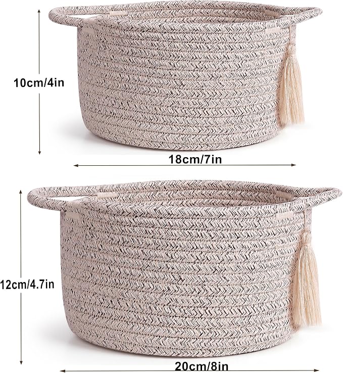 Small Gift Basket Empty to Fill, 2 Pack, Mini Woven Basket, Natural Beige | Cute Decorative Mini Rope Storage Baskets with Cellophane Bags & Ribbons; Two Sizes for Gifting, Bathroom Counter or Desk