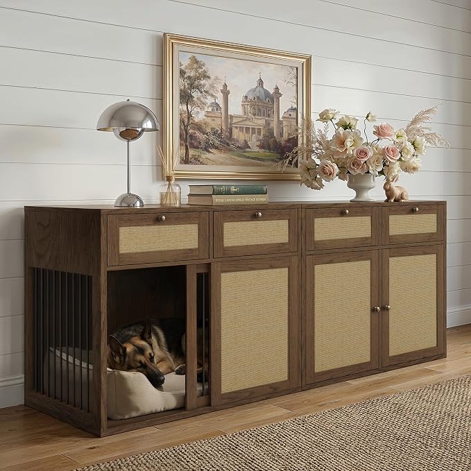 PureCozy 2-Piece Dog Crate Furniture, Left, 80 Inch, Dark Oak | Left-unit kennel with metal sliding door plus cane storage cabinet and 4 total drawers; furniture-style indoor console.