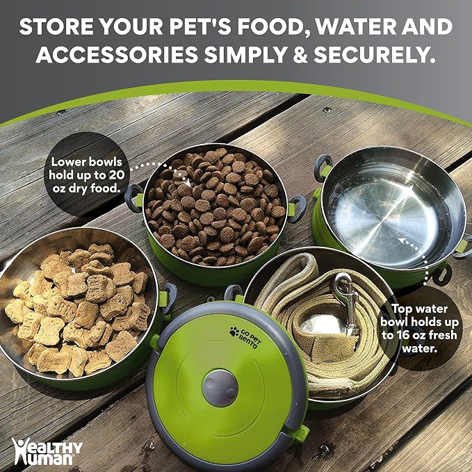 Healthy Human Travel Pet Bento Bowls - Human-Grade Stainless Steel & BPA-Free, Leak-Proof Water & Food Container Set for Dogs & Cats, 3-Pack Interlocking Bowls, Includes Spare Clips & Handle (Green)