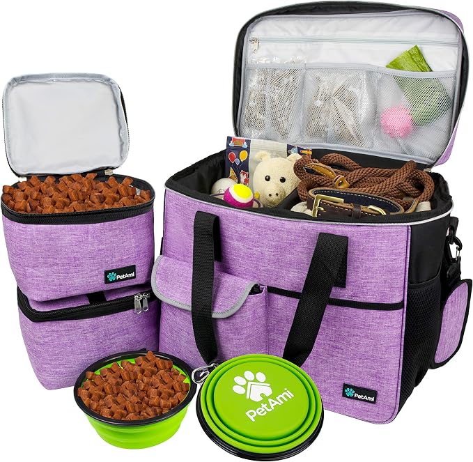 PetAmi Dog Travel Bag Organizer, Pet Supplies Tote Diaper Bag, Purple Large | Pet Travel Kit with 2 Food Containers & 2 Collapsible Dog Bowls, Luggage Sleeve, Weekend Getaway Road Trip Camping Essentials