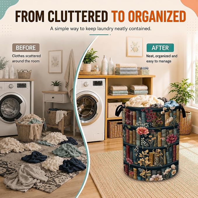 Vintage Bookshelf Flowers Laundry Basket,Foldable Oxford Laundry Hamper with Handles,Portable Clothes Tote Bag Clothes Storage Bucket Organizer 20.8" x16" For Bathroom/Laundry Storage/Bedroom