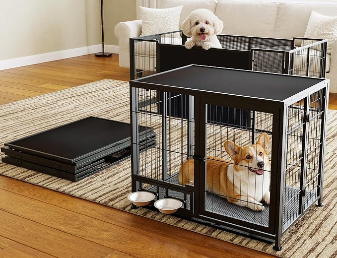 Heavy Duty Dog Crate for Medium Dogs, 3 in 1 37.8" Foldable Collapsible Dog Kennel & Playpen with Wheels & Feeding Bowls, Escape-Proof Metal with Lockable Door for Indoor Outdoor Use, Black