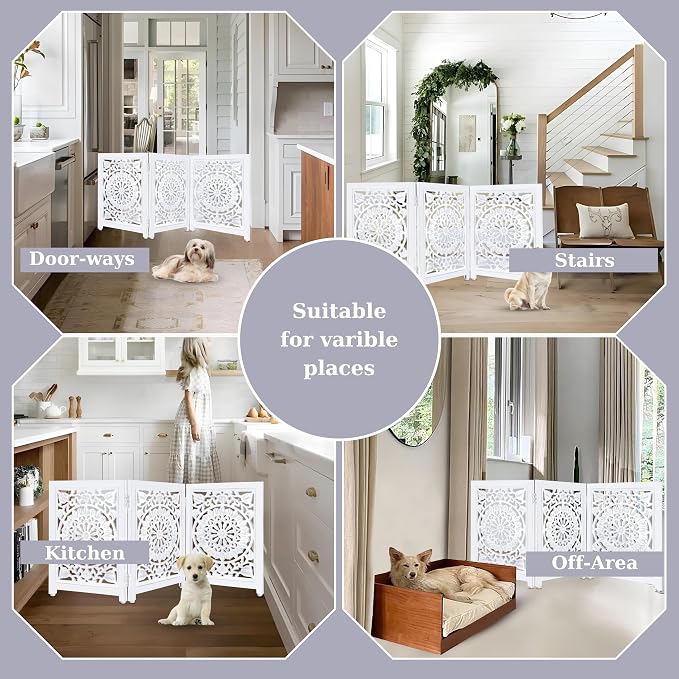 Lightnpro 3-Panel Wooden Dog Gate – Adjustable Freestanding Foldable Pet Safety Barrier, Extra-Wide Indoor Fence for Small Dogs & Pets – 24x54 Inch Antique White