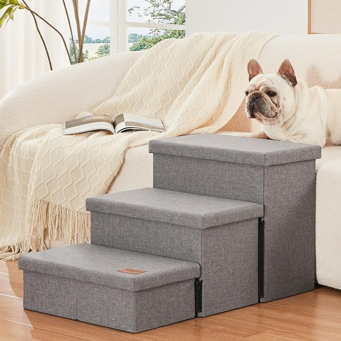 Love's cabin Dog Stairs for High Bed, Foldable Pet Stairs for Small Medium or Large Dogs Puppy with Storage for Bed or Couch, Cat Dog Steps Ramp with Zip up to 200 lbs, Solid Grey, 3 Steps