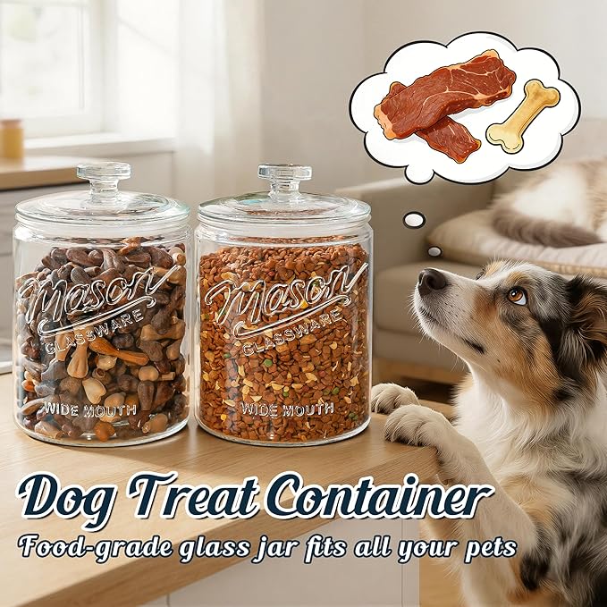 1 Gallon Glass Cookie Jar with Lid, 5.7'' Wide Mouth Mason Jars | 2 Pack Glass Canisters for Pantry Organizers & Storage, Candy Jar for Flour Sugar, Sourdough Starter, Dog Treat, Laundry Room