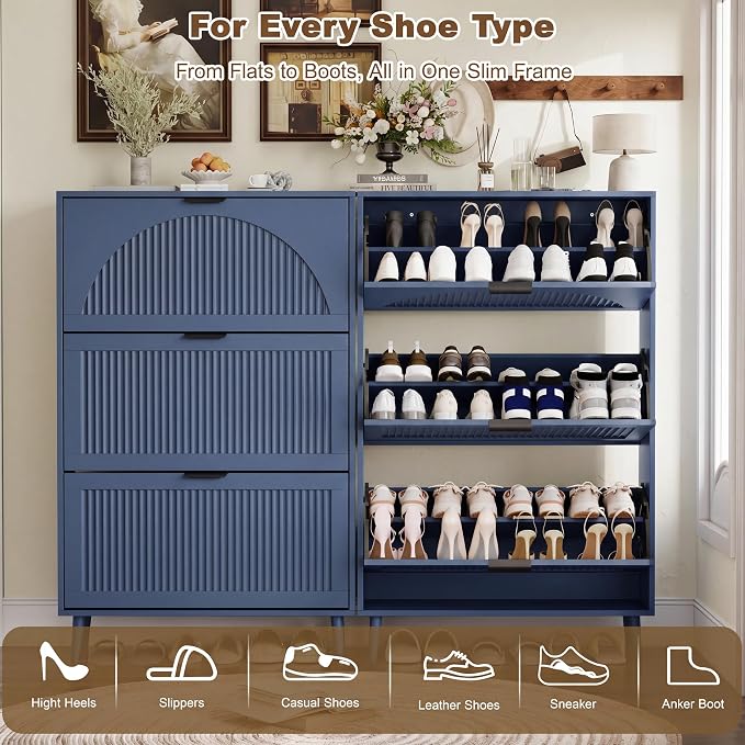 Shoe Storage Cabinet with 3 Flip Drawers, Narrow Wood Shoe Organizer Cabinet with Fluted Panel, Slim Shoe Rack for Entryway, Freestanding Shoe Cabinet for Living Room, Hallway, Blue