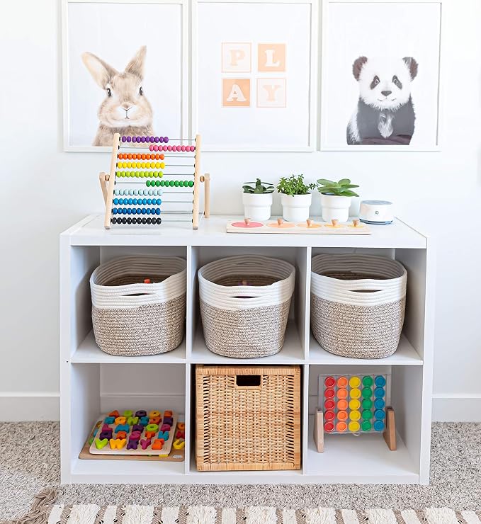OrganiHaus Cotton Rope Baskets for Shelves, Set of 3, 15x9x10 | Handwoven; a toy bin and organizer for towels, books, or blankets; fits nursery, playroom, or bedroom decor