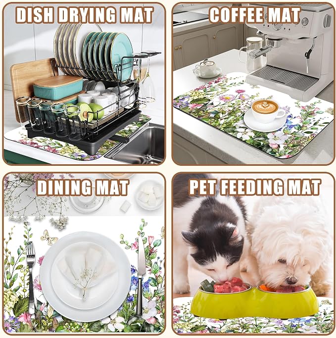 Watercolor Flower and Butterfly Dish Drying Mat for Kitchen Counter Absorbent Coffee Mat with Hide Stain Rubber Backed Espresso Machine Coffee Bar Accessories 11.8 x 19.7 Inch
