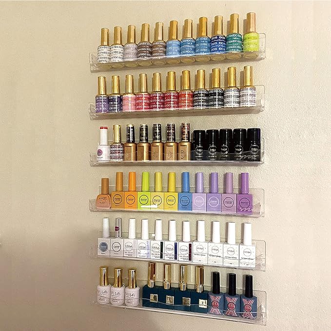 Clear Acrylic Nail Polish Rack Wall Mounted Shelf,6 Pack Organizer with Unique Wavy Lines,Nail Supplies for Techs,Great Display Salons Retailers