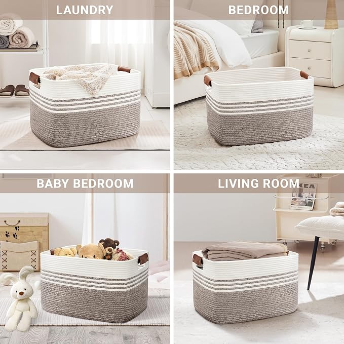 86L Woven Laundry Basket Hamper with Leather Handles,Dark Brown | collapsible wicker hamper, storage for dirty clothes, toys, blankets, gifts, living room, bedroom, bathroom, 24"x16"x14"