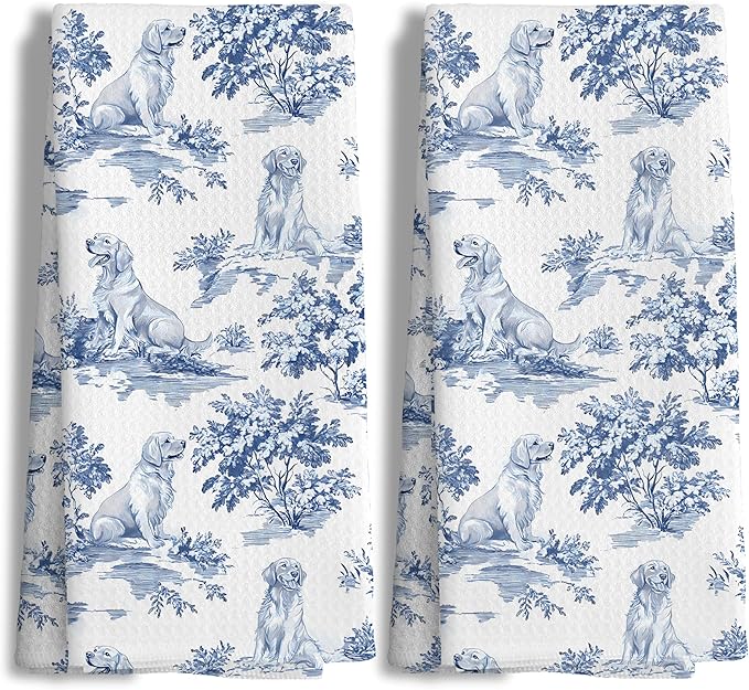 Chinoiserie Floral Golden Retriever Kitchen Towels Set of 2,Blue and White Golden Retriever Decorative Dish Tea Towels,Grandmillennial Botanical Dog Hand Towels for Kitchen Bathroom,16x24 Inch