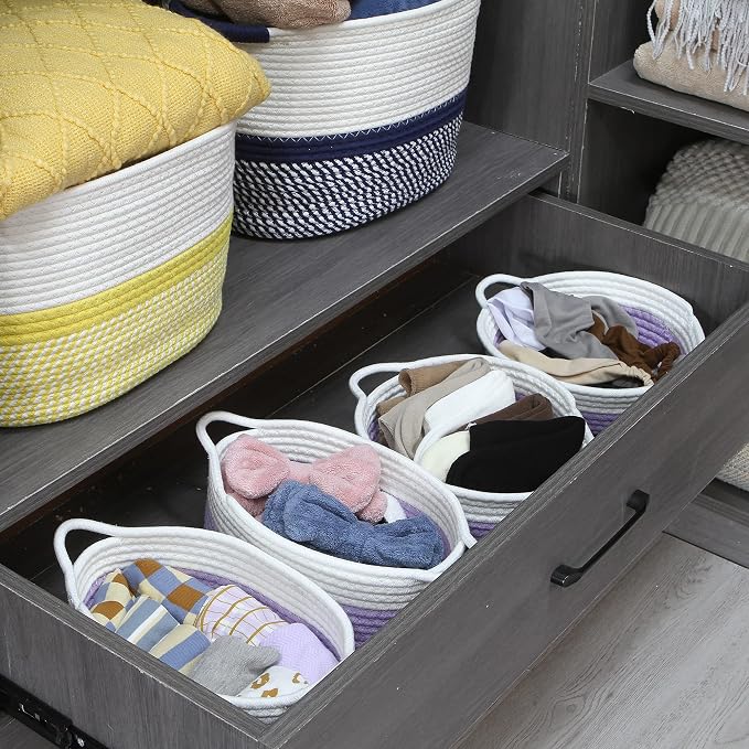 Sea Team 2-Pack Compact Woven Cotton Rope Storage Baskets, Lavender | Knitted Decorative Organizer Bins with Handles, Portable Oval Containers for Small Items, Keys, Makeup, Jewelry, Trinkets