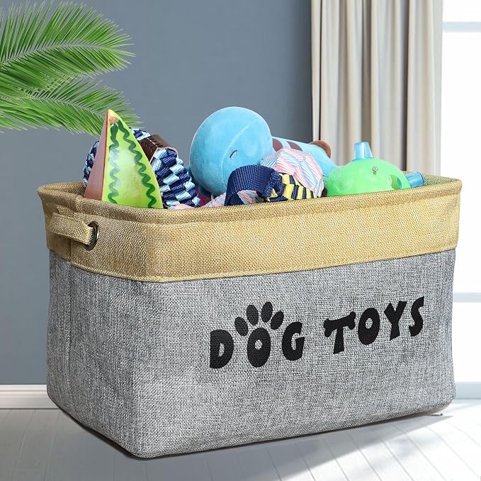 PET ARTIST Dog Toy Basket, Large Collapsible, Gray, M: 15"x11"x9" | Dog Toy Bin Box, Comfortable Handles, Large Pet Toy Storage Organizer, For Accessories, Toys, Coat & Clothing, Blanket Leash