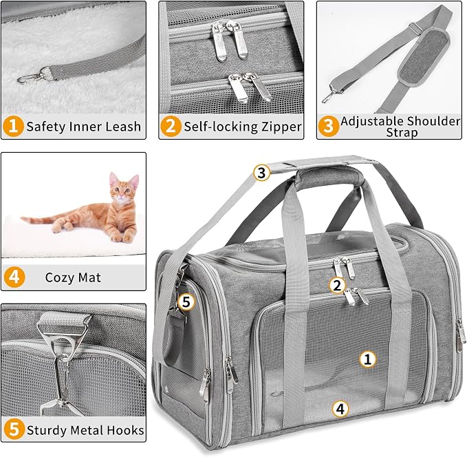 Soft-Sided Cat/Dog/Pet Carrier, Collapsible Pets Travel Carriers | For Big Cats/Small Dogs with Shoulder Strap & Removable Mat, Mesh Puppy Carry Bag, Up to 25 Lbs, TSA Airline Approved(Gray)