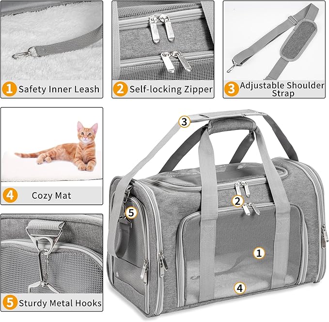 Soft-Sided Cat/Dog/Pet Carrier, Collapsible Pets Travel Carriers | for Big Cats/Small Dogs with Shoulder Strap & Removable Mat, Mesh Puppy Carry Bag, Up to 16 Lbs, TSA Airline Approved(Gray)