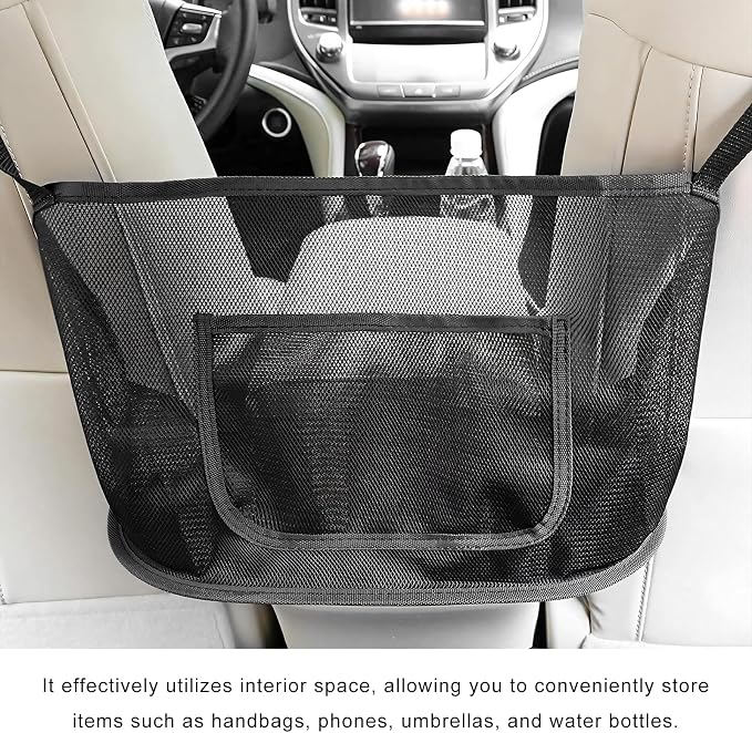 Car Net Pocket Handbag Holder, Large Capacity Mesh Bag for Console Front Seat, Barrier of Backseat Pet Storage Netting Pouch for Handbag Purse, Car Accessories for Women Men (Black)