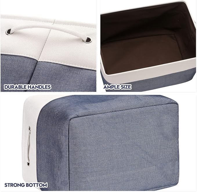 Sea Team Oversized Rectangle Canvas Open-Top Storage Baskets, 3-Pack | Collapsible Fabric Storage Bins with Handles, Closet Shelf Organizers, 22 x 15 x 13 Inches, Denim & White