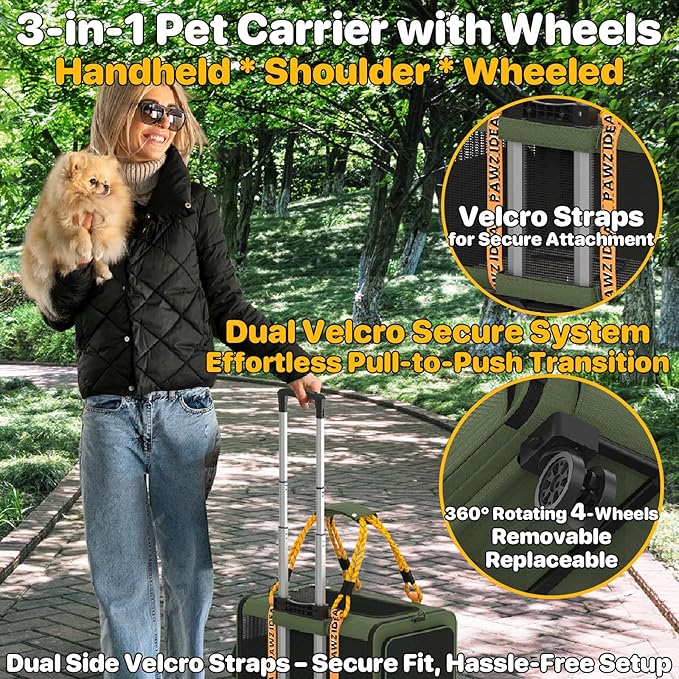 PAWZIDEA Expandable Pet Carrier with Wheels, TSA Airline Approved, Up 18lbs | 18x11x11 Underseat, Rolling Soft-Sided Carrier for Large Cats & Small Dog Travel Bag, Self-Locking Zippers, Telescopic Handle