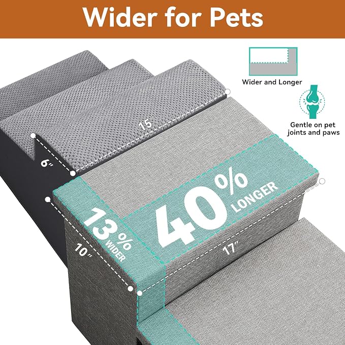 Zerbuger Dog Stairs with Storage, Grey 2 Steps Dog Ramp no Condo for Bed | 12" H Wider Dog Steps for Beds Couch, Folding Storage Pet Stairs Gift for Climbing Small/Medium/Large Old Dogs Cats