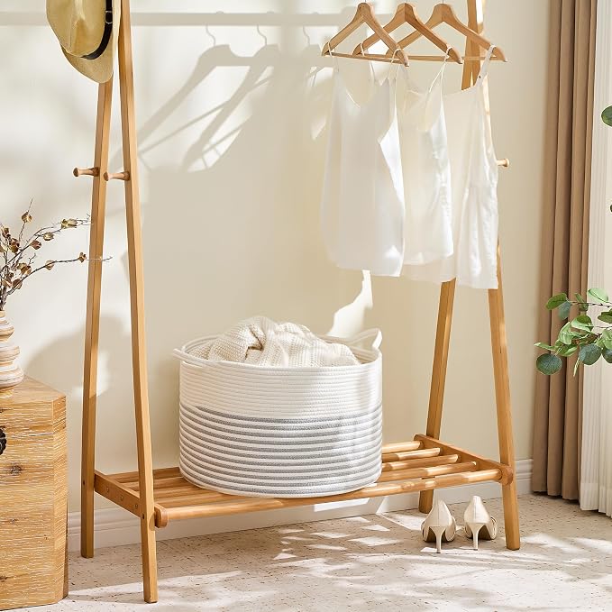 KAKAMAY Large Blanket Basket with Handles, Storage Basket for Living Room | Extra Large Capacity | Natural Cotton Rope | Blanket Storage | Woven Storage Basket | Stuffed Animal Storage | Laundry Basket