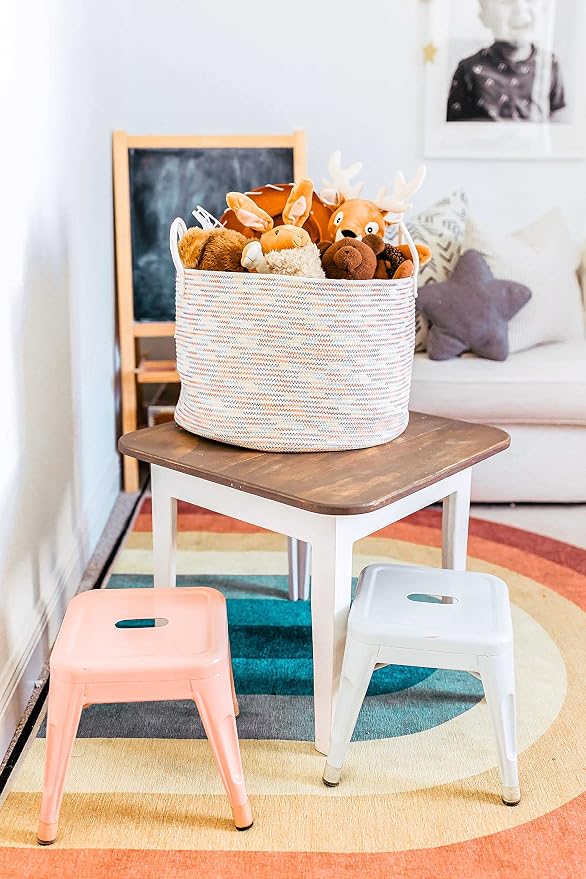 OrganiHaus Round Toy Basket & Blanket Basket, Cotton Rope 20x13" | Stitches Rainbow - Round Cotton Rope Basket, 20x13"