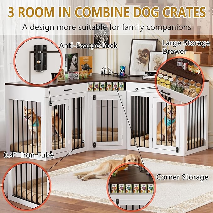 PAKASEPT 3 in 1 Extra Large Corner Dog Crate Furniture for 3 Dogs,Wooden Dog Crate Kennel with 2 Drawers,Divider,Power Outlet,Heavy Duty Double Dog Kennel TV Stand Indoor for Small,Medium,Large Dogs