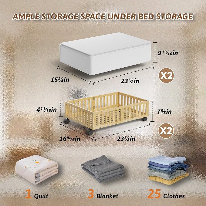 MHXW SXPN 2 Pack Bamboo Under Bed Storage Containers with Wheels, Nature | Underbed Drawer Storage with Bag, Wood Rolling Underbed Organizer for Shoes, Sheets Clothes Blanket Comforter, Under Crib Toy