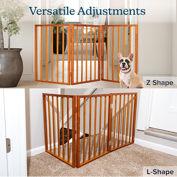Pet Gate - 3-Panel Indoor Foldable Dog Fence for Stairs or Doorways - 54x24-Inch Retractable Wood Freestanding Dog Gates by PETMAKER (Mahogany) | Foldable Dog Fence with Accordion Design, Wooden Safety Pet Fence for Stairs, Hallways, Doorways, and Porch