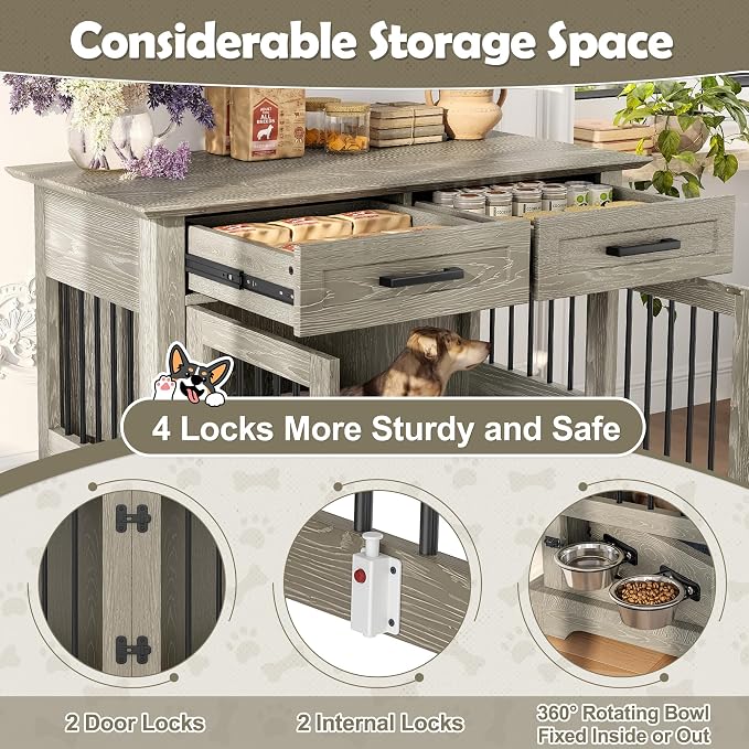 44.5" Dog Crate Furniture for Small Medium Dogs, Indoor Wooden Dog Kennel with 2 Drawers and Rotating Bowls, Decorative Pet House End Side Table TV Stand End Table (Gray)