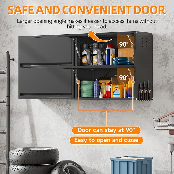 Garage Wall Cabinet, 25.6" H Metal Wall Cabinet with 2 Up-Flip Door | Wall Mounted Metal Storage Cabinet, Upper Cabinet for Kitchen,Garage,Workshop,Warehouse, Assembly Required, Black