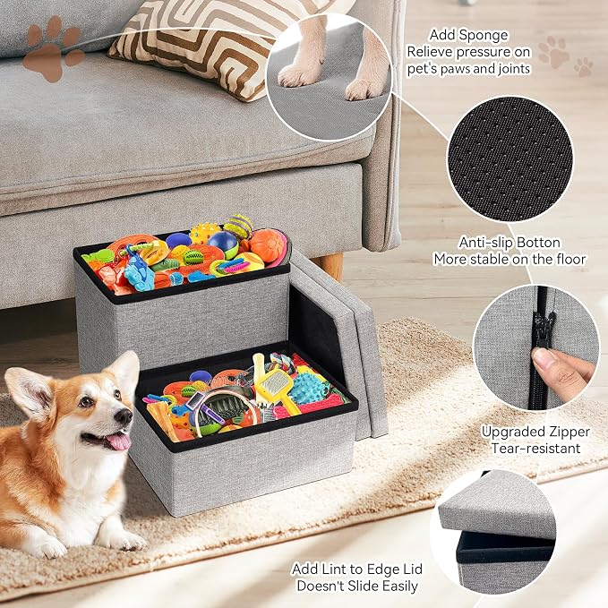 Zerbuger Dog Stairs with Storage, Grey 2 Steps Dog Ramp no Condo for Bed | 12" H Wider Dog Steps for Beds Couch, Folding Storage Pet Stairs Gift for Climbing Small/Medium/Large Old Dogs Cats