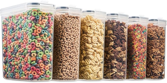 6 Pack Airtight Cereal Food Storage Container - BPA Free Plastic Kitchen and Pantry Organization Canisters for, Dry Pet Food, Flour, Sugar, Rice, Nuts, Snacks & More (135.5 Oz) Labels & Chalk Marker