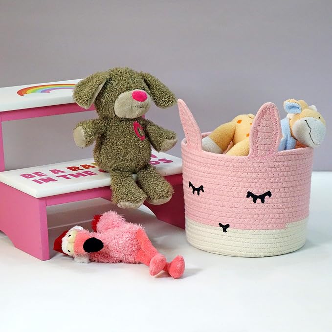 T&T Homewares Small Cute Pink Bunny Toy & Laundry Basket for Nursery Storage, Woodland Nursery Decor