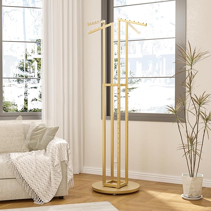 HKaikzo 360° Gold Rotating Coat Rack, Heavy Duty Metal Garment Rack Height-adjustable, Suitable for Both Adults and Children, Freestanding Clothing Rack for Hanging Clothes, for Bedroom, Retail Store