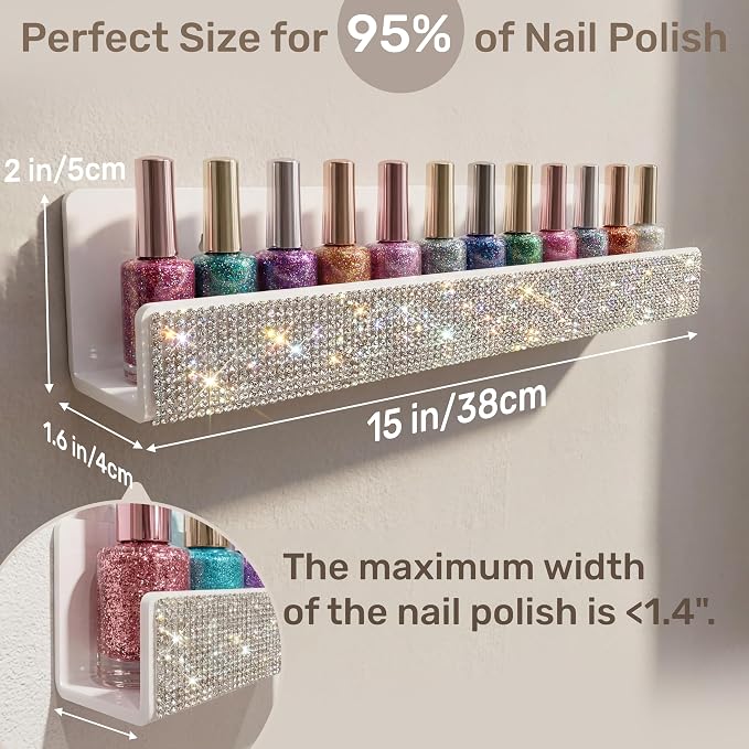 Nail Polish Wall Shelf - 15-Inch Diamond Crystal Display & Organizer Rack, Holds 60+ Polishes, Soft Ledge for Bedroom, Bathroom, Salon,6 Pack