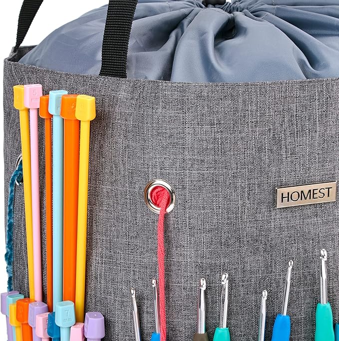 HOMEST Crochet Bag Organizer for Yarn Storage, and Knitting Accessories | Customized front compartment, 6 oversized grommets and drawstring closure for hooks, needles and projects, Grey