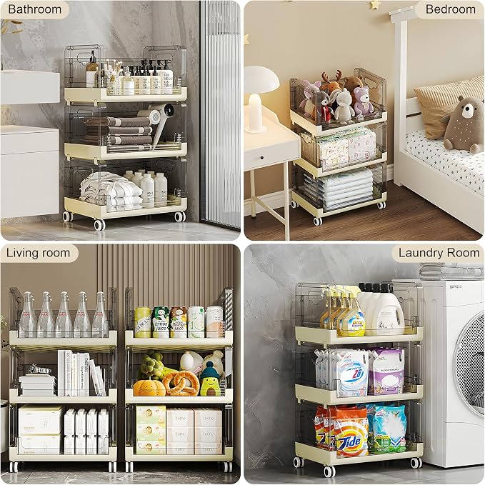 VECELO 3-Tier Fruit and Vegetable Basket, Stackable Kitchen Storage Organization with Wheels, Plastic Rolling Cart with Handles, Wide Open for Kitchen, Pantry, Living Room