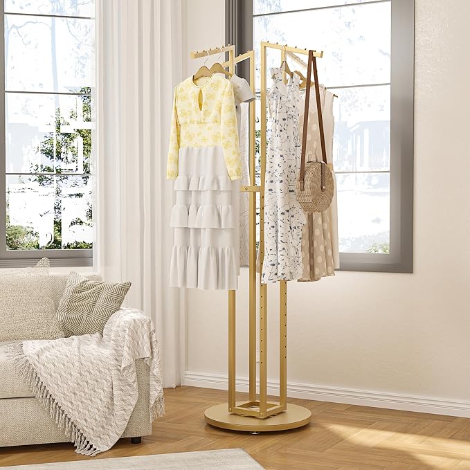 HKaikzo 360° Gold Rotating Coat Rack, Heavy Duty Metal Garment Rack Height-adjustable, Suitable for Both Adults and Children, Freestanding Clothing Rack for Hanging Clothes, for Bedroom, Retail Store