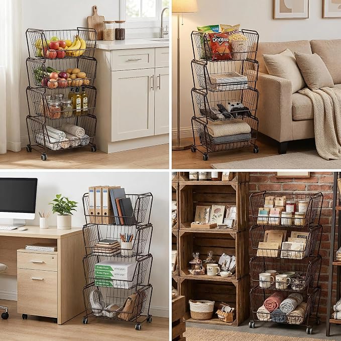 PUSDON 4-Tier Large Stackable Wire Storage Baskets with Wheels, Metal Rolling Utility Cart Organizer, Produce Basket for Kitchen Pantry, Floor Shelf, Vintage Bronze