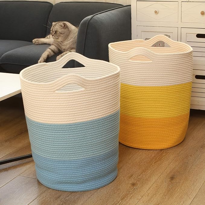 Sea Team Large Woven Cotton Rope Laundry Basket with Handles, 20 x 14 in | Collapsible Knitted Hamper, Closet Shelf Organizers, Containers for Clothing, Blankets, Toys, Bedding, Yellow
