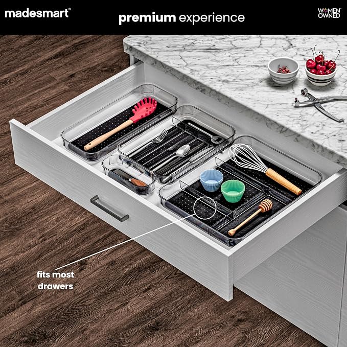 madesmart Clear 4 Compartment Drawer Organizer, Carbon | non slip feet, rounded corners, see through design, soft grip base, open sections, cords tech accessories, woman owned